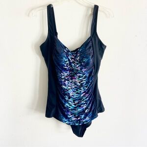 3/$25 IT FIGURES! One Piece Swimdress Black Blue Abstract 18 Tummy Thinner